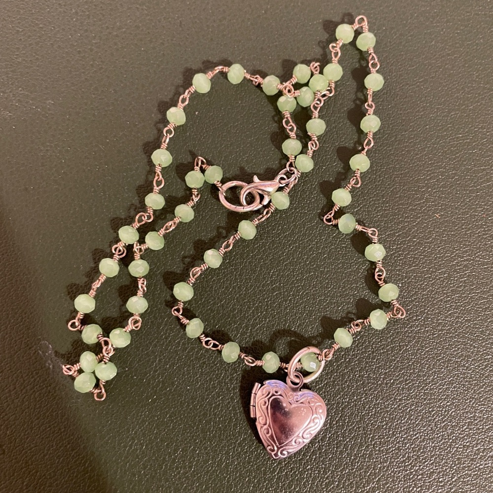 Light green rosary locket necklace